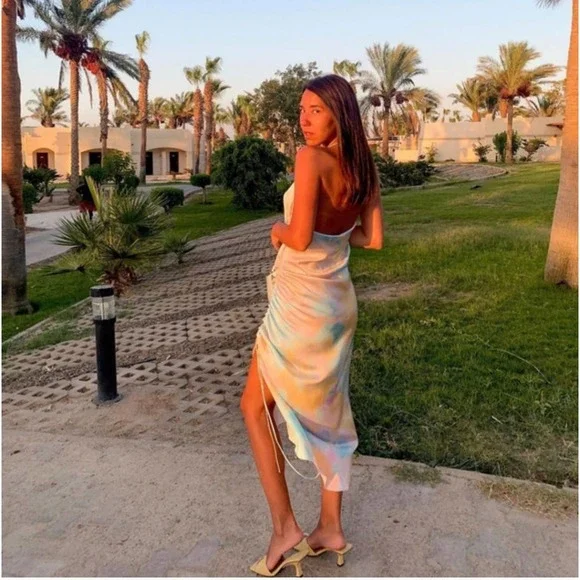 ZARA Satin Tie Dye Camisole Rainbow Side Cinch Strappy Midi Halter Cami Dress - Picture 4 of 15